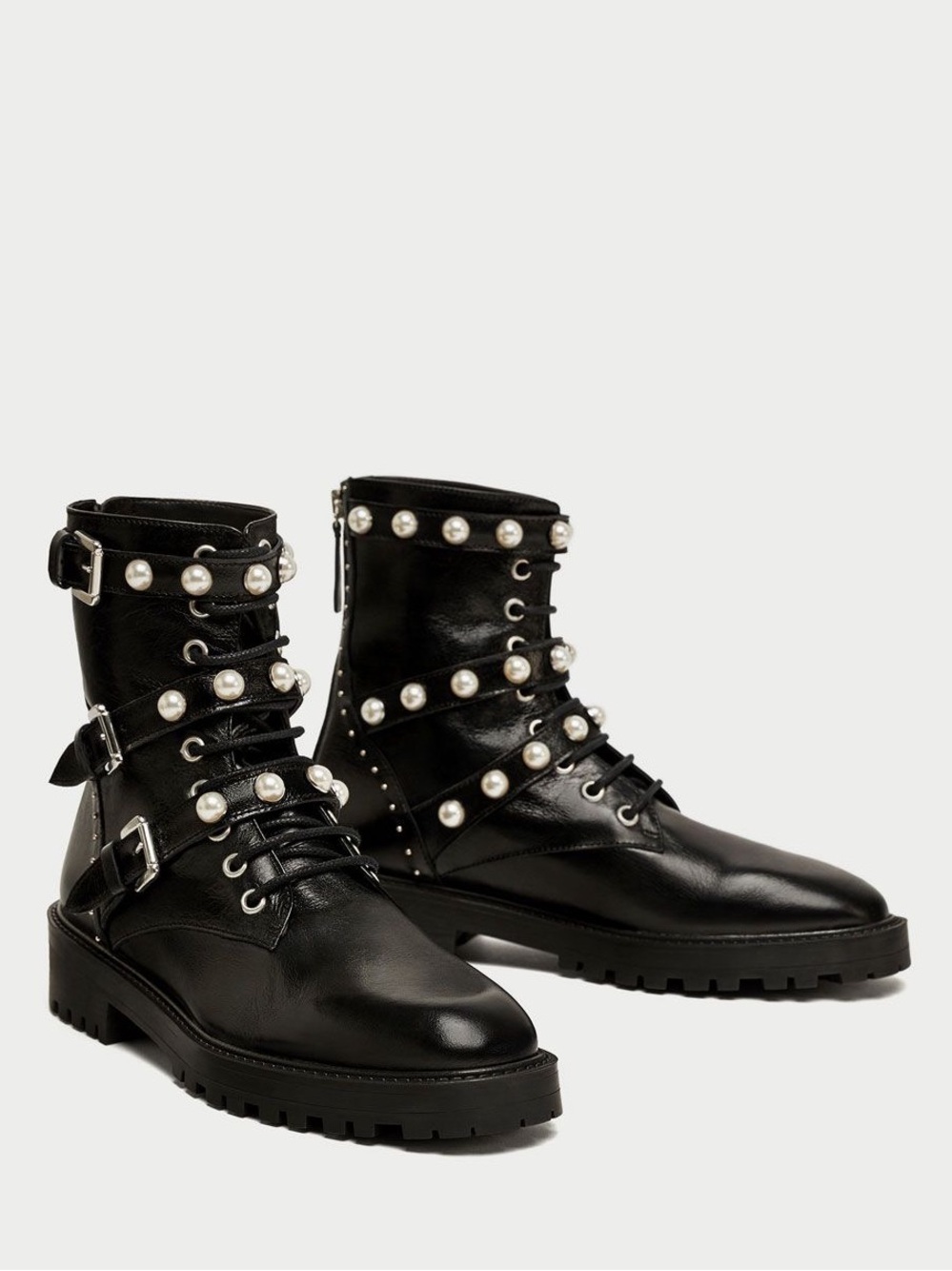 Zara Leather Black Pearl Studded Combat Boots